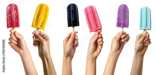 Collection set of hand holding colourful Ice popsicle lolly popsicle lolly ice cream on transparent background cutout, PNG file. Many different flavour. Mockup template for artwork graphic design