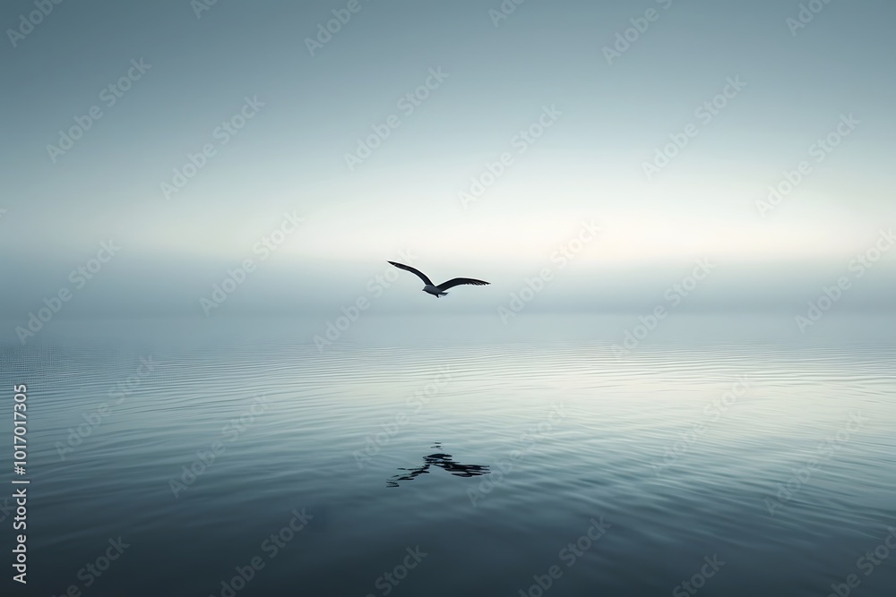 Fototapeta premium Serene Flight Over Tranquil Waters at Dusk