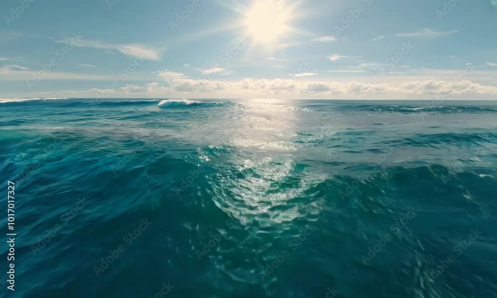 Aerial view of a blue sea water background and sun reflections. Aerial flying drone view. Waves water surface. Flight over the ocean. Aerial ocean view. Top fly over the sea.
