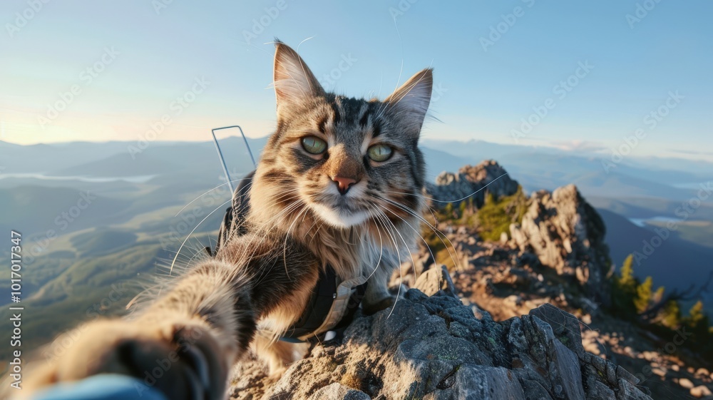 Obraz premium A brave cat in a harness takes a selfie from the top of a mountain summit, with panoramic views of the surrounding valleys and peaks.