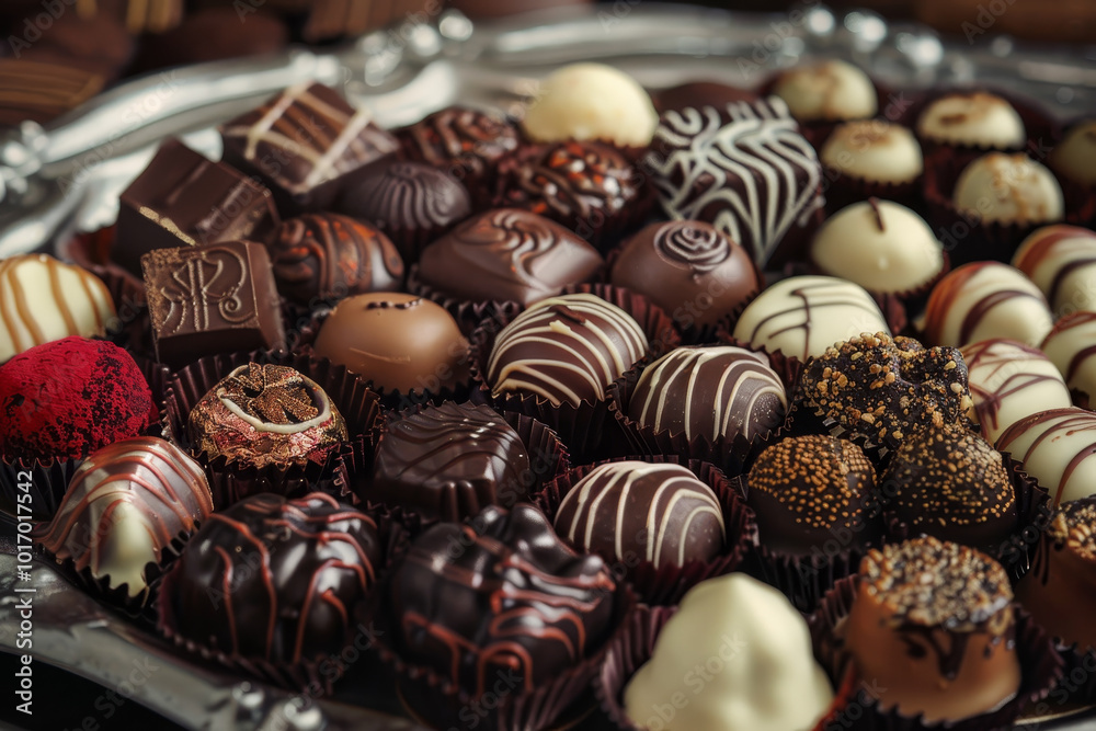 A tray of assorted chocolates with different shapes and colors A tray of assorted chocolates with different shapes and colors