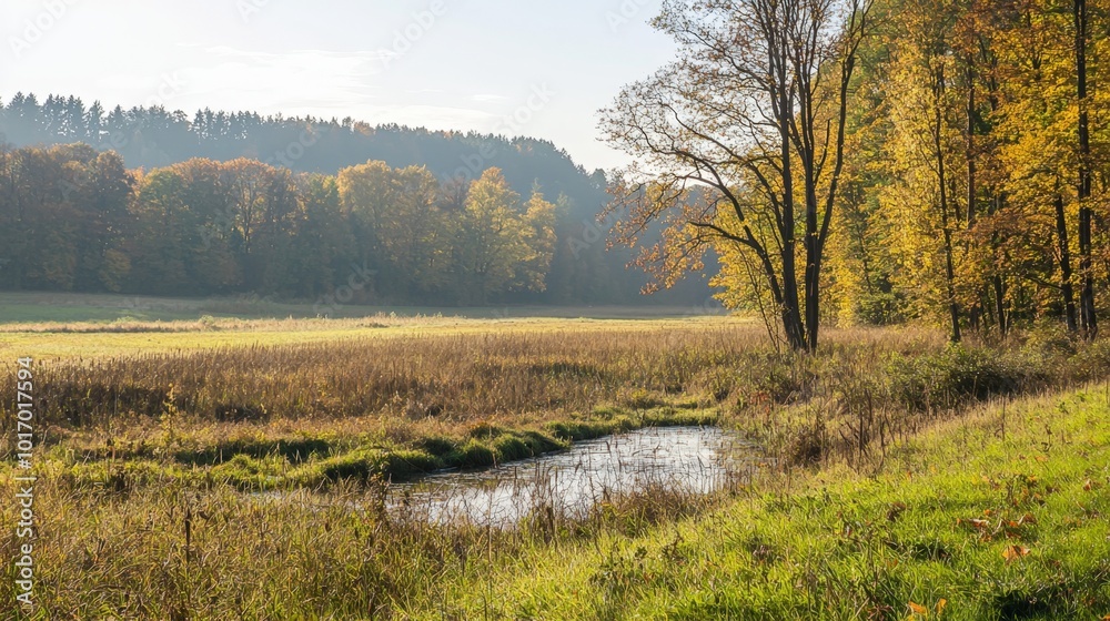 Fototapeta premium Golden autumn light illuminating a serene riverbank beside a vibrant forest