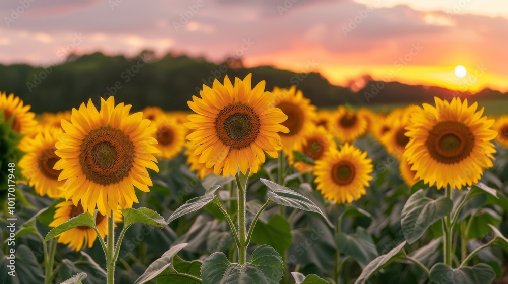 Obraz premium Sunflower field at sunset with vibrant yellow flowers in full bloom and green leaves under a colorful sky