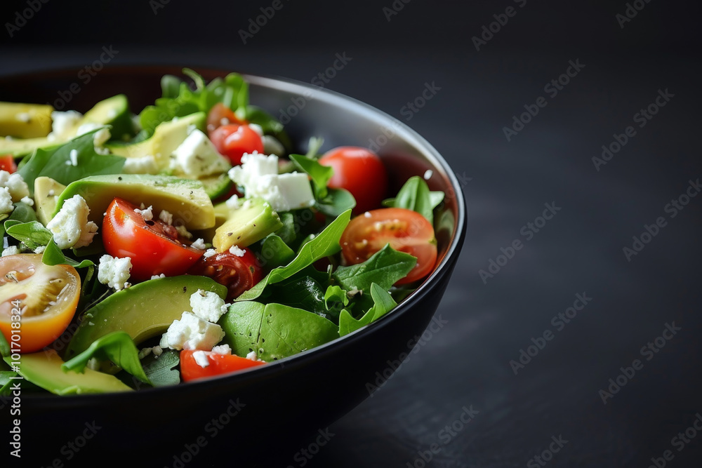 A bowl of salad with avocado, tomatoes, and spinach A bowl of salad with avocado, tomatoes, and spinach