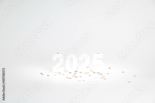 New year holiday concept, white 2025 on white background with reflections and confetti. photo