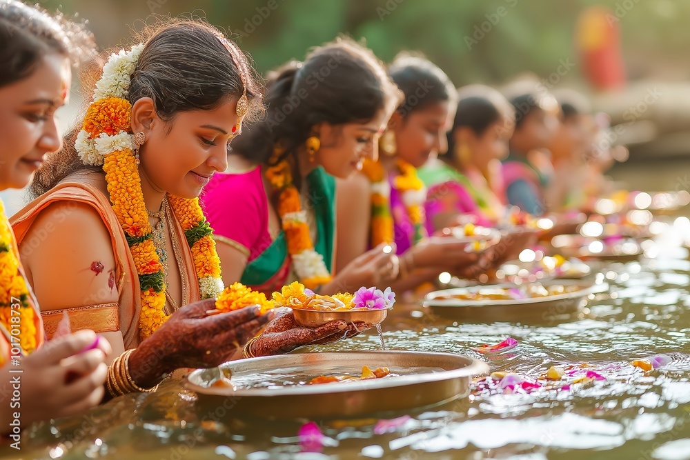 A Group of Hindu Devotees Offering Prayers to a River Goddess at Sunrise, Flowers and Fruit Floating in the Water A Group of Hindu Devotees Offering Prayers to a River Goddess at Sunrise, Flowers and Fruit Floating in the Water