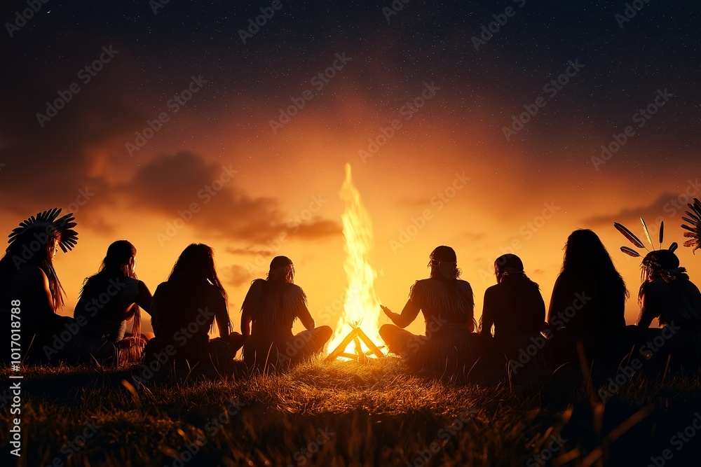 A Group of People in Traditional Native American Attire, Performing a Dance Around a Sacred Fire Under the Stars A Group of People in Traditional Native American Attire, Performing a Dance Around a Sacred Fire Under the Stars
