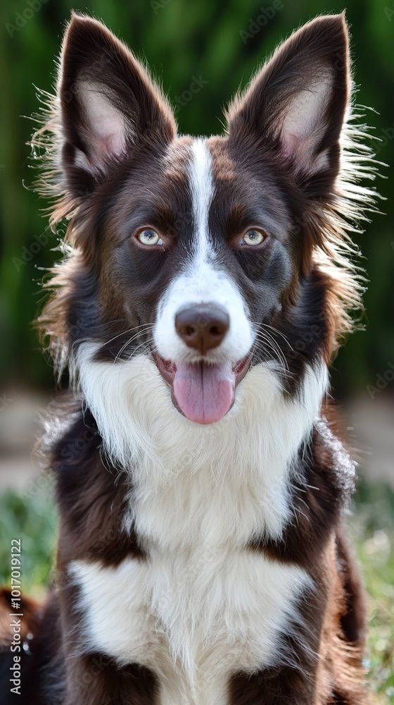 Charming brown and white dog gazes playfully under the sun in a garden setting Charming brown and white dog gazes playfully under the sun in a garden setting