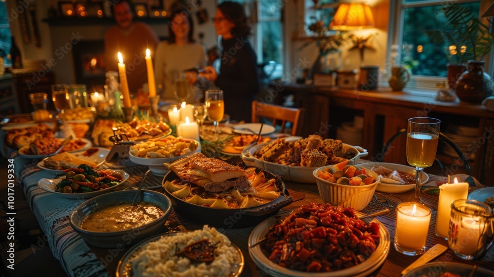 Festive holiday feast with homemade dishes and candlelit warmth shared among family and friends Festive holiday feast with homemade dishes and candlelit warmth shared among family and friends