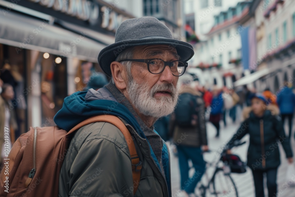 Portrait of an old man with hat and glasses in the city. Portrait of an old man with hat and glasses in the city.