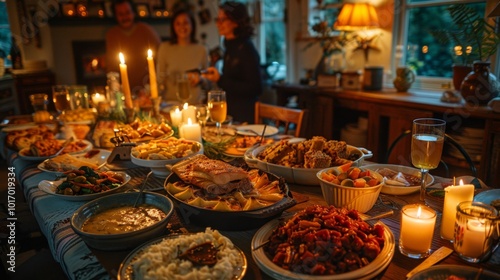 Festive holiday feast with homemade dishes and candlelit warmth shared among family and friends photo