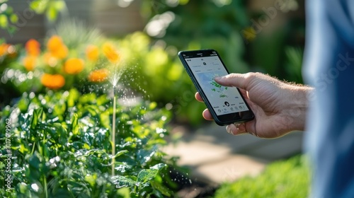A person using a smartphone to manage a garden irrigation system.