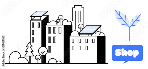 Cityscape with buildings fitted with solar panels. Trees and bushes surround the structures. A speech bubble displays shop nearby. Ideal for green living, sustainability, urban planning, eco-friendly