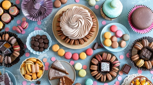 Colorful Macarons and Chocolates with Cakes Arranged for Dessert Table photo