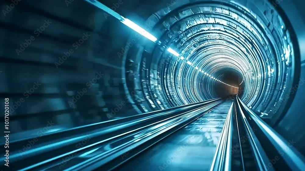an abstract blue tunnel in motion, emphasizing a futuristic technology theme with a digital geometric light effect. Suitable for cyber-themed visuals and dynamic virtual vortex designs
