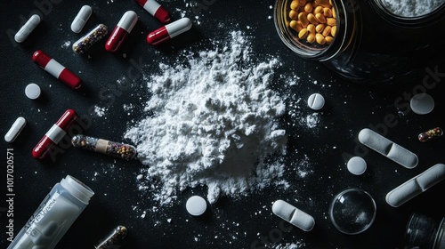 Drug addiction international day against drug abuse and illicit drug trafficking visuals featuring drugs set against a dark backdrop