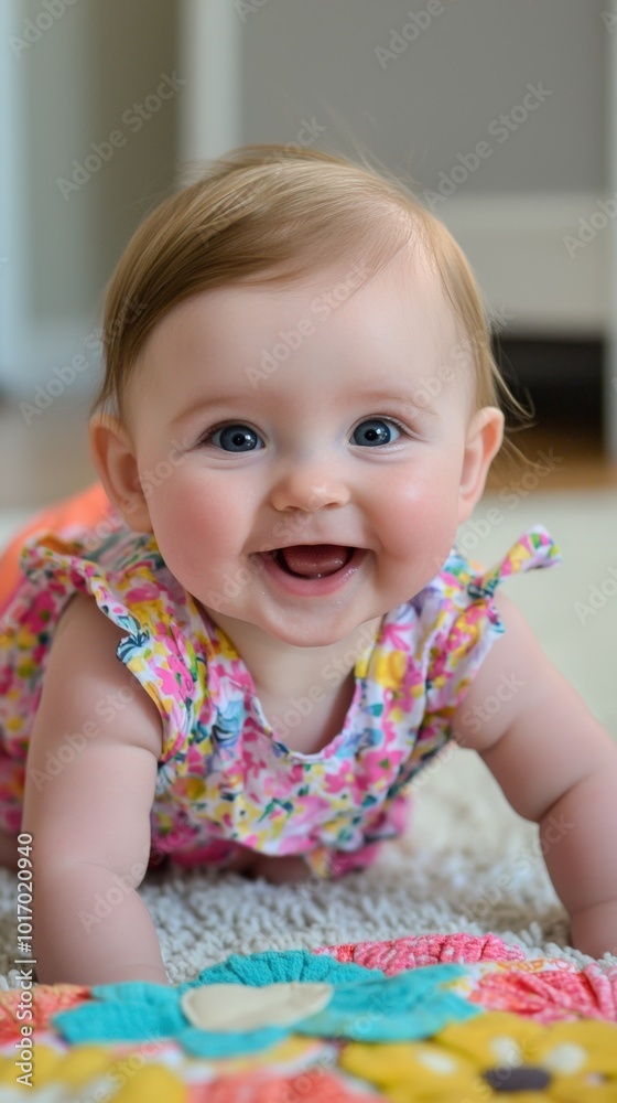 Joyful baby crawling on colorful play mat in a cozy indoor setting during daylight Joyful baby crawling on colorful play mat in a cozy indoor setting during daylight