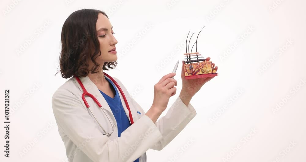 Female doctor presents anatomical model of human skin layers and hair follicles on white background. Dermatologist demonstrates body work at lesson Female doctor presents anatomical model of human skin layers and hair follicles on white background. Dermatologist demonstrates body work at lesson