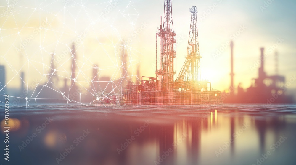Obraz premium Industrial oil rigs at sunset with a digital network overlay.