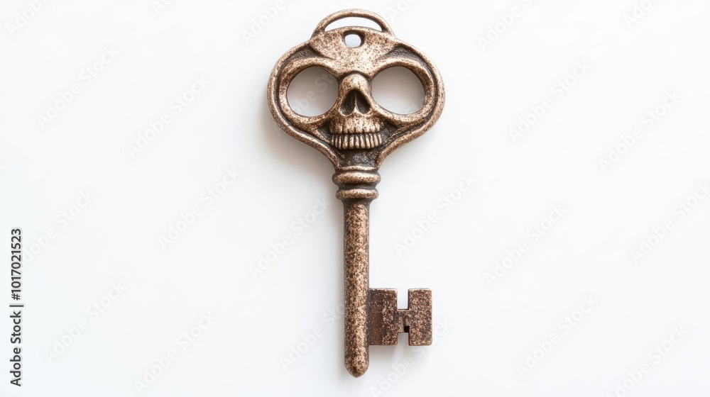 A skeleton key with a skull-shaped top close up Mysterious and gothic for dark-themed designs surreal Fusion Isolated white background A skeleton key with a skull-shaped top close up Mysterious and gothic for dark-themed designs surreal Fusion Isolated white background