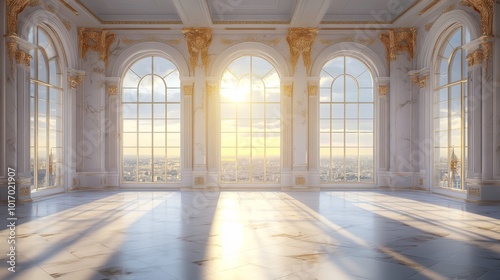 A luxurious marble hall with grand columns and golden details, featuring large windows that provide breathtaking panoramic views, exemplifying classical elegance and unmatched luxury