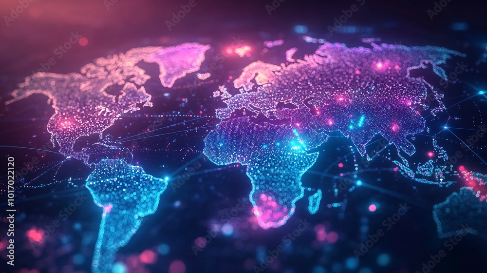 A glowing digital representation of the world map with glowing blue and pink lights, connecting lines, and blurred lights in the background. A glowing digital representation of the world map with glowing blue and pink lights, connecting lines, and blurred lights in the background.