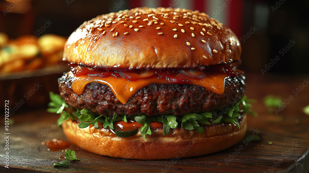 Juicy burger on the table with the American flag in the background Juicy burger on the table with the American flag in the background