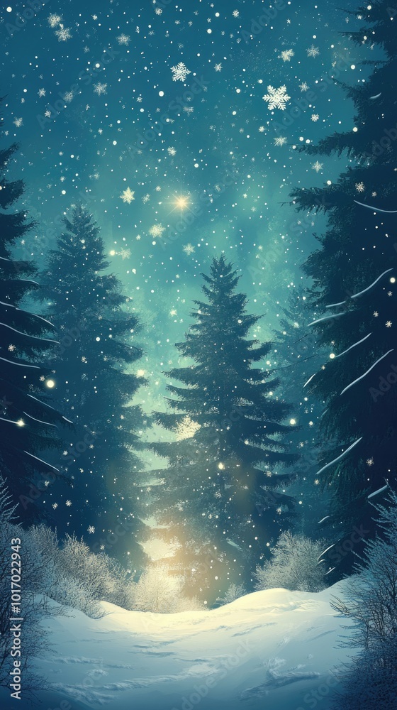 Enchanting winter forest illuminated by moonlight with falling snowflakes at night Enchanting winter forest illuminated by moonlight with falling snowflakes at night