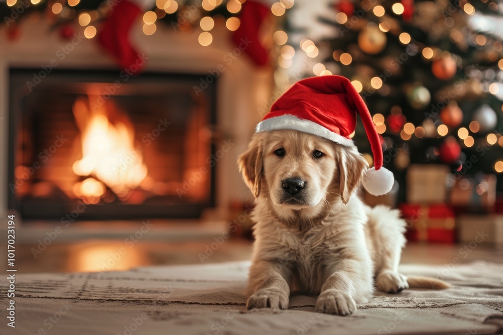 Christmas puppy by fireplace with festive decorations Christmas puppy by fireplace with festive decorations