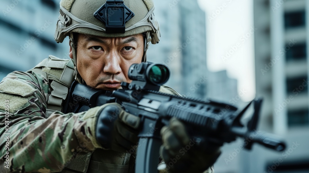 A determined soldier aims his rifle in a tense urban combat scenario, showcasing precision, focus, and military readiness in a city environment.