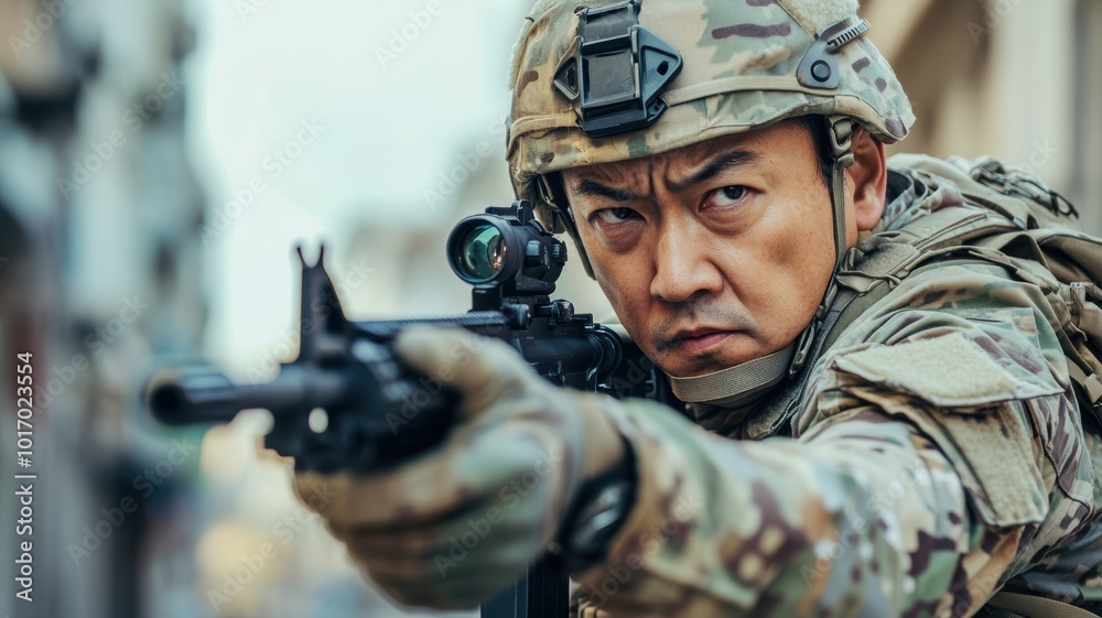 A determined soldier aims his rifle in a tense urban combat scenario, showcasing precision, focus, and military readiness in a city environment. A determined soldier aims his rifle in a tense urban combat scenario, showcasing precision, focus, and military readiness in a city environment.