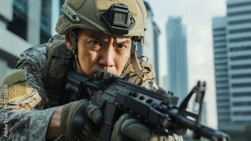 A determined soldier aims his rifle in a tense urban combat scenario, showcasing precision, focus, and military readiness in a city environment.