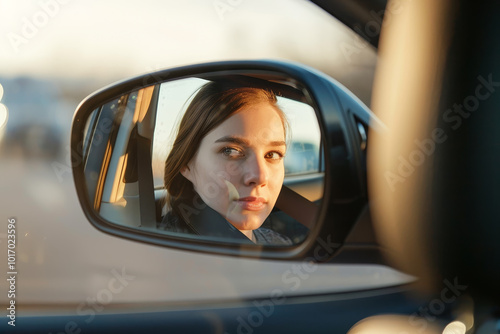 A woman is looking into her car's rearview mirror