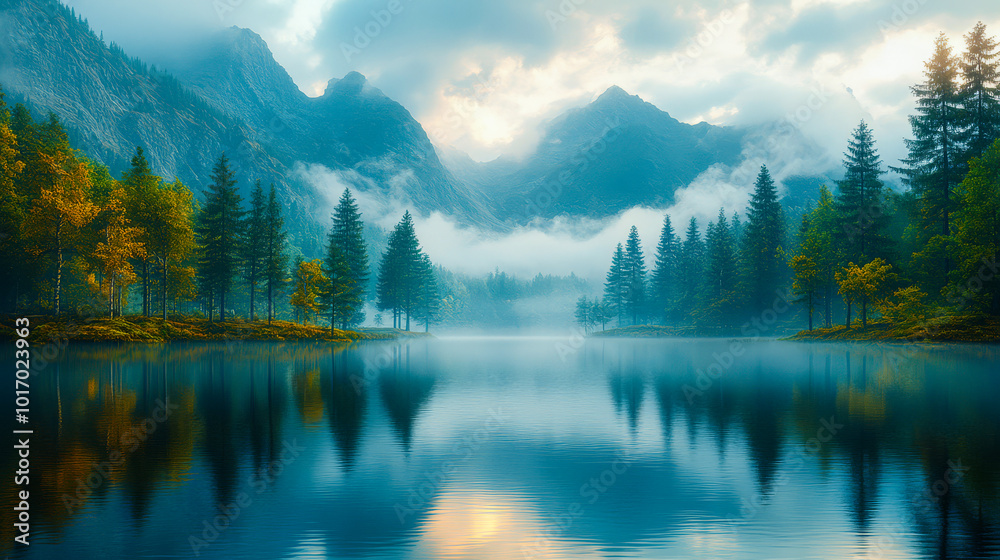 Calm Lake Surrounded by Fog-Covered Mountains, Reflecting Mist and Fading Pine Trees in the Distance Calm Lake Surrounded by Fog-Covered Mountains, Reflecting Mist and Fading Pine Trees in the Distance