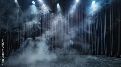 Theater spot lights on black curtain with smoke