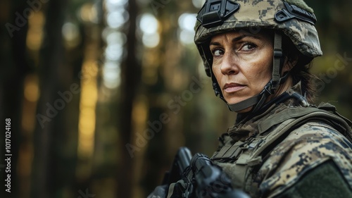 A determined female soldier in tactical gear grips a rifle, standing in a forest, ready for action during a military operation.