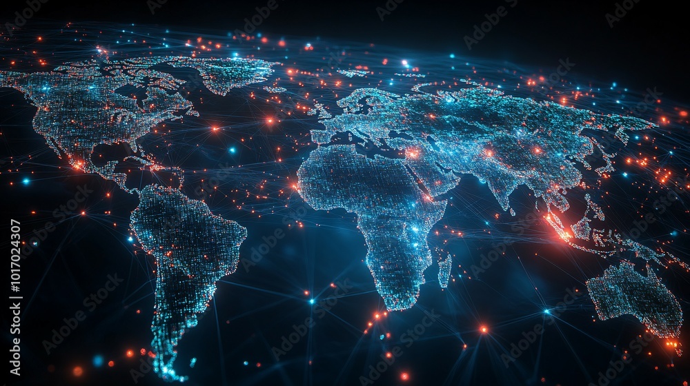 A Digital World Map With Illuminated Cities Connected By Lines A Digital World Map With Illuminated Cities Connected By Lines