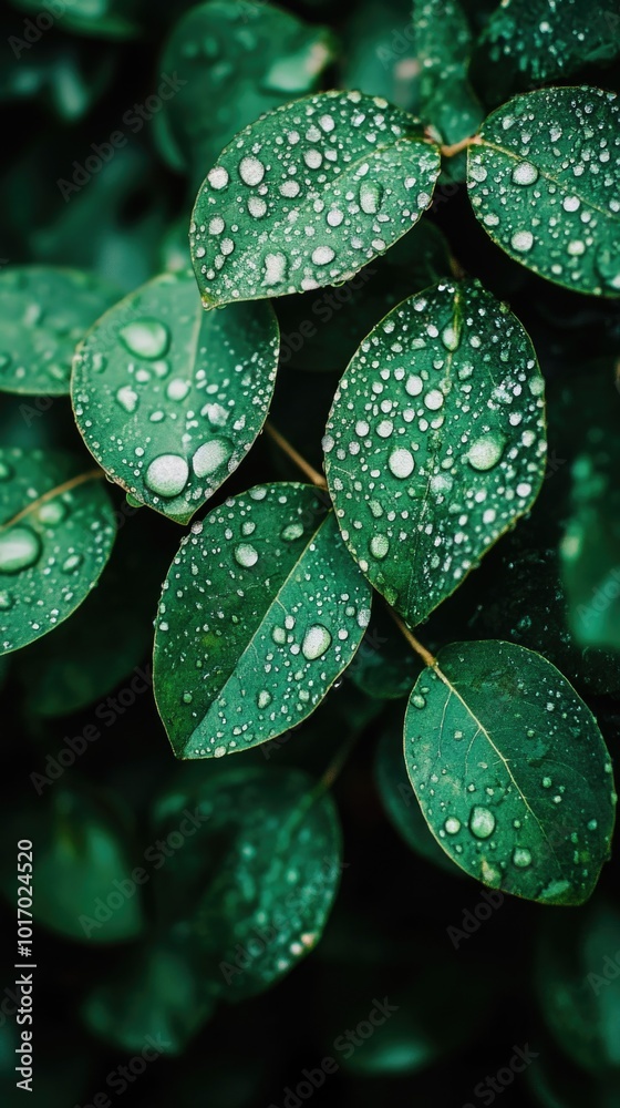 Fototapeta premium Close-up of dew-covered leaves illuminated by soft sunlight in vibrant green hues