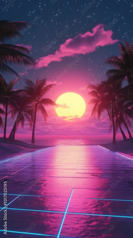 Naklejka premium Vibrant retro 80s smartphone wallpaper featuring neon grid, palm trees, and a sunset view