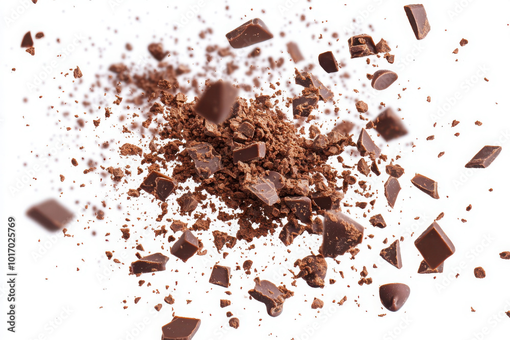 Pile chopped, milled dark chocolate isolated on white, top view