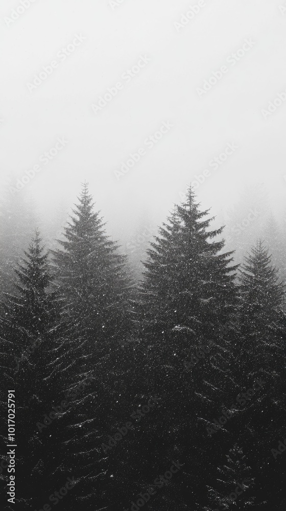 Obraz premium A tranquil snowy forest features tall pine trees surrounded by soft snowfall against an overcast sky