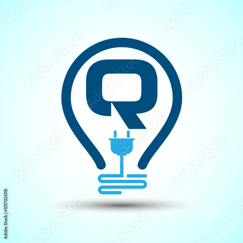 Initial alphabet Q with an electric bulb and plug. Electricity logo design template