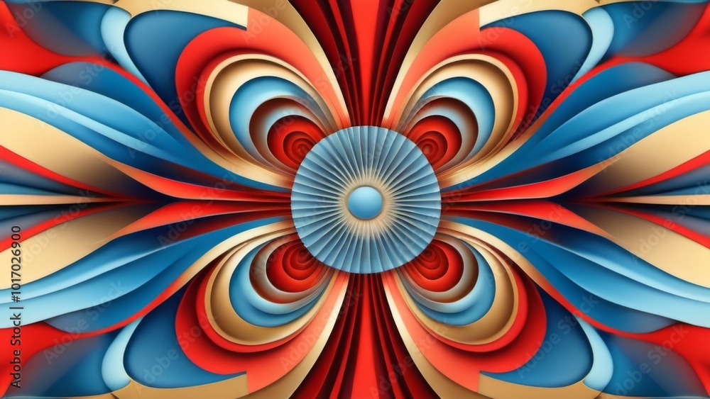 Ornamental red, white, and blue flower with a bright blue center. Ornamental red, white, and blue flower with a bright blue center.
