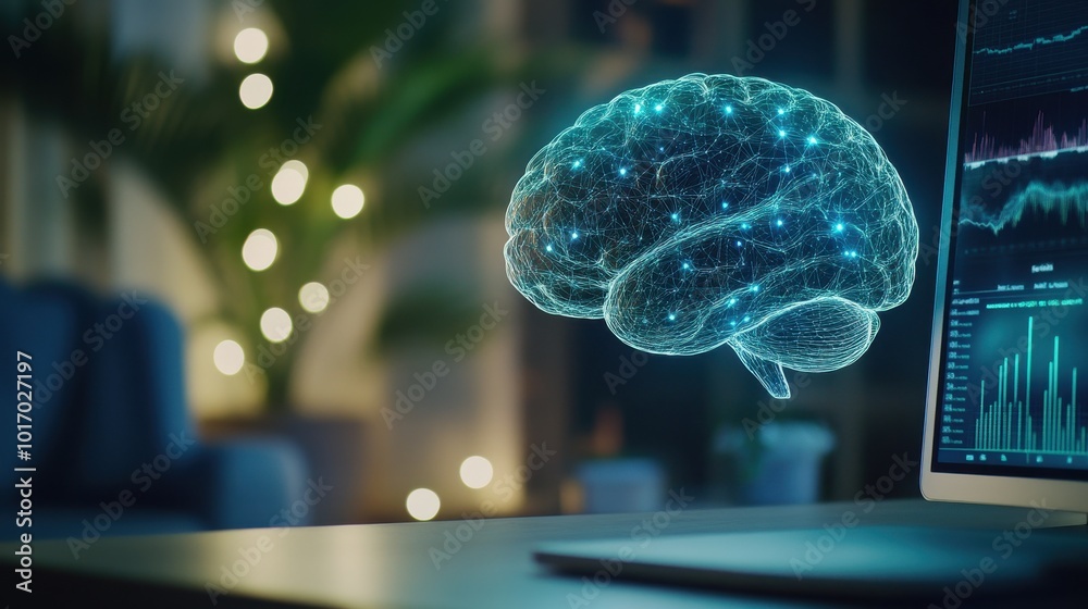 A computer monitor displays a brain with a blue glow A computer monitor displays a brain with a blue glow