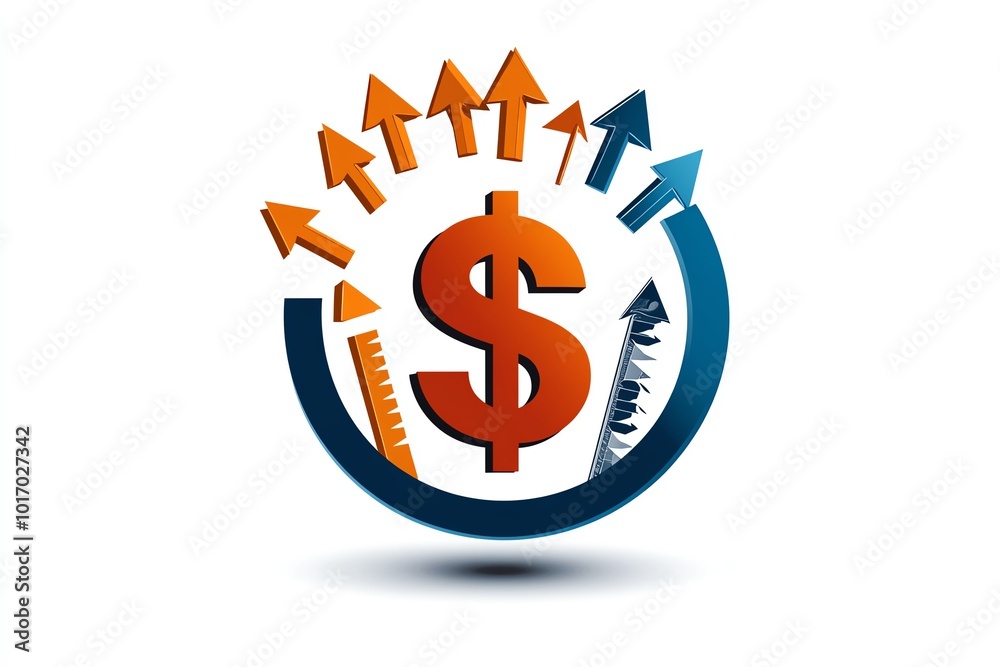Simple minimalist design of a dollar sign inside a circle, with arrows pointing upward, representing customer lifetime value growth Simple minimalist design of a dollar sign inside a circle, with arrows pointing upward, representing customer lifetime value growth