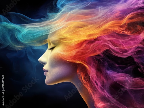 A woman's face is shown with a colorful, wild hairstyle