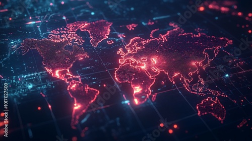 Fototapeta Naklejka Na Ścianę i Meble -  A Digital World Map Illuminated by Red Dots