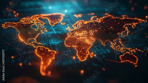 Digital World Map with Glowing Orange Lines