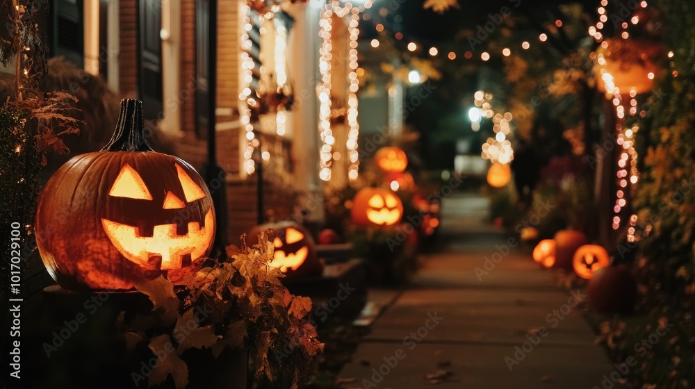 Fototapeta premium Halloween themed decorations in residential area