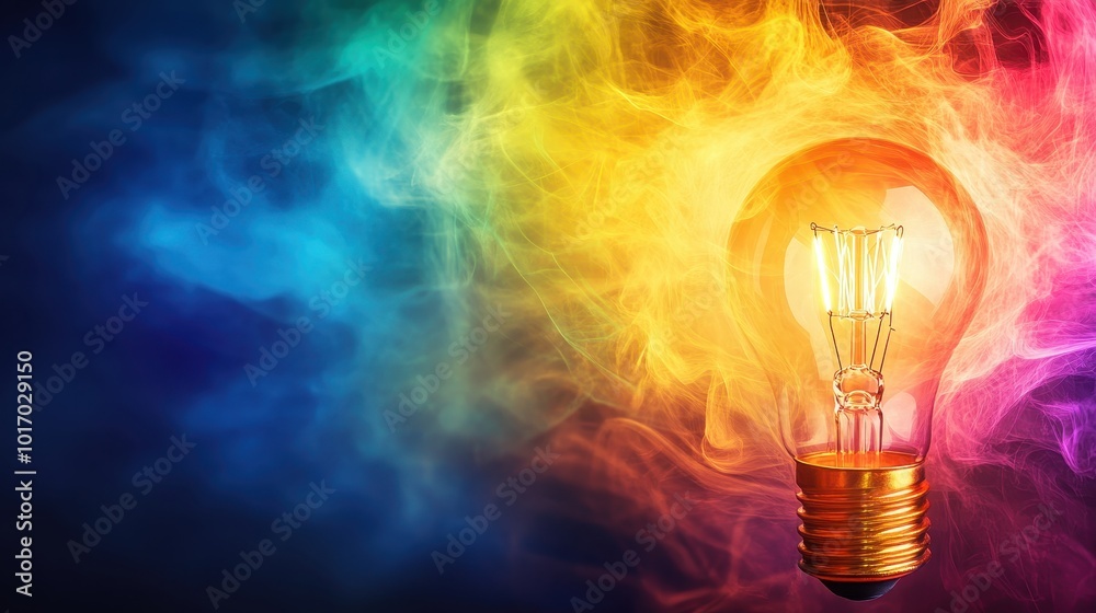 A light bulb is lit up in a colorful background with smoke A light bulb is lit up in a colorful background with smoke